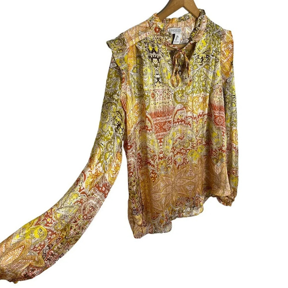 RACHEL ZOE Paisley Boho Print Metallic Stripe V Neck Popover Blouse - Picture 3 of 9